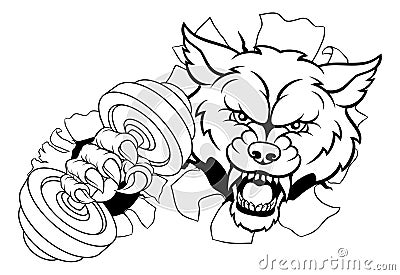 Wolf Werewolf Weight Lifting Dumbbell Gym Mascot Vector Illustration