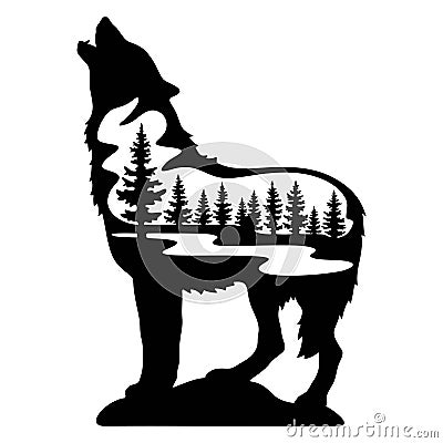 Wolf Wildlife Stencils - Forest Landscape, Wildlife clipart, Cut file, iron on, vector, vinyl shirt design. Vector Illustration