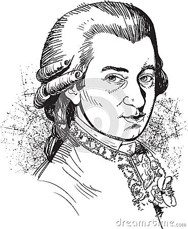 Wolfgang Amadeus Mozart portrait illustration, line art vector Cartoon Illustration