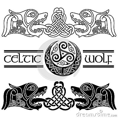 Wolfs in Celtic style, Celtic pattern and Celtic moon Cartoon Illustration