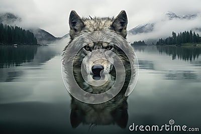 a wolfs face superimposed with the image of a calm, serene lake Stock Photo