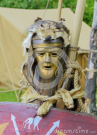 Golden mask of roman legionnaire Stock Photo