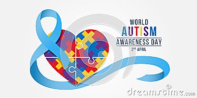 Wolrd Autism Awareness Day banner - blue ribbon roll around colorflu puzzle heart piece sign vector design Vector Illustration