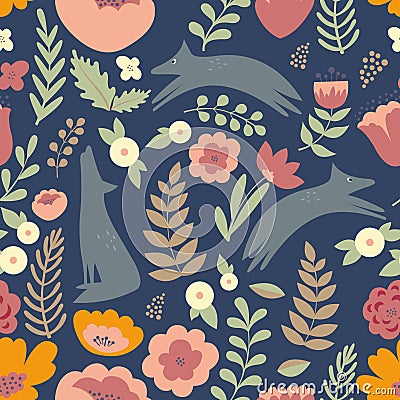 Wolves and colorful stylized flowers. Seamless pattern Vector Illustration