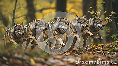 Wolves Running Through Forest: A dynamic image of a pack of wolves running through a dense forest Stock Photo