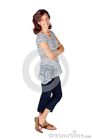 Woman in 30s in top with stripes and jeans Stock Photo