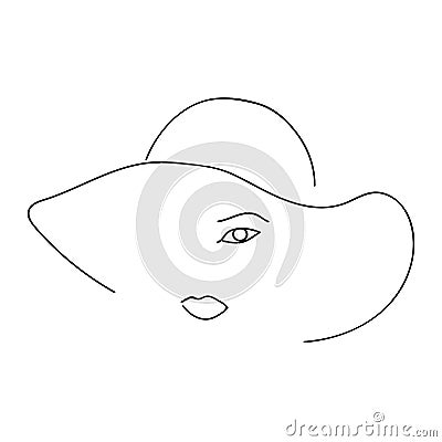 Woman abstract face with hat, one line drawing. Hand drawn outline illustration. Continuous line. Portret female. Vector Stock Photo