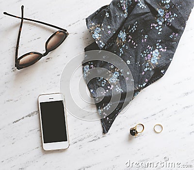 Woman accessories on white marble, Stock Photo