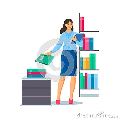 Woman accountant sorts documents and folding them Vector Illustration