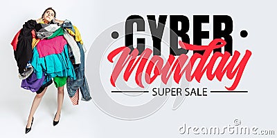 Woman addicted of sales and clothes, cyber monday, sales concept Stock Photo