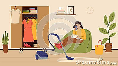 Woman addicted smartphone. Relax female character on chair. Housewife with cat on knees surfing phone, forget about Vector Illustration