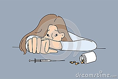 Woman addicted to drugs reaches for syringe or pills to forget about financial problems Vector Illustration