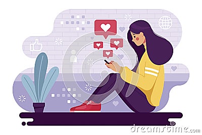 Woman addicted to social media Vector illustration Cartoon Illustration