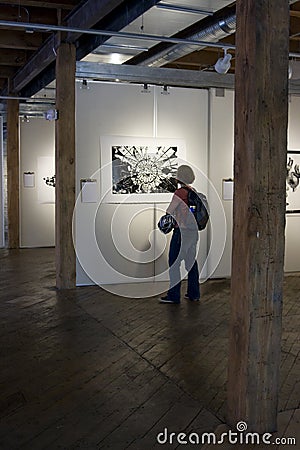 Woman Admires Art at Gallery Event Editorial Stock Photo