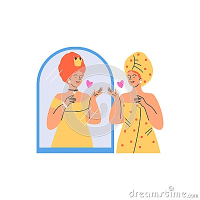 Woman admires herself in the mirror and feels like queen, flat vector isolated. Cartoon Illustration