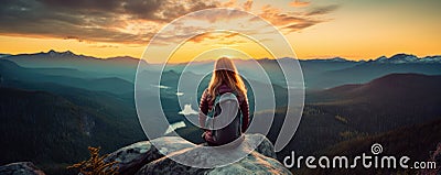Woman Admires Sunset From Mountain Top Stock Photo