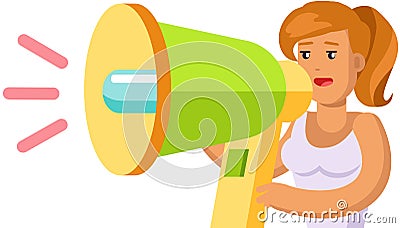 Woman advertises, speaks into device for loud sound reproduction. Lady promoting with megaphone Stock Photo