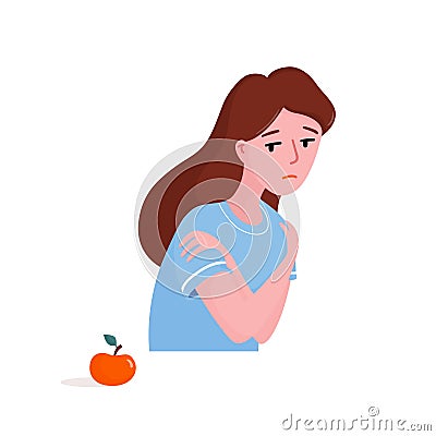Woman afraid of food, anorexia eating disorder Vector Illustration