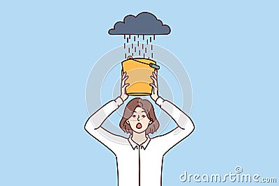 Woman is afraid of rain, covering head with bucket of water, for concept of business problems Vector Illustration