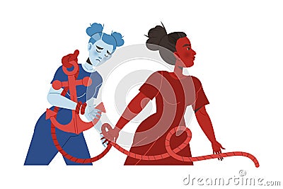 Woman Aggressor Pulling Rope with Victim Holding Anchor Vector Illustration Vector Illustration