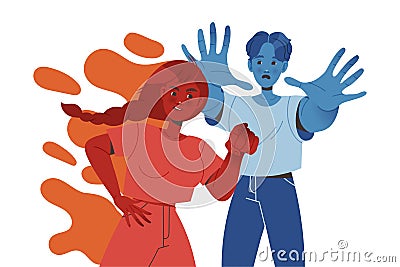 Woman Aggressor Shouting and Blaming Man Victim Standing with Outstretched Arms Vector Illustration Vector Illustration
