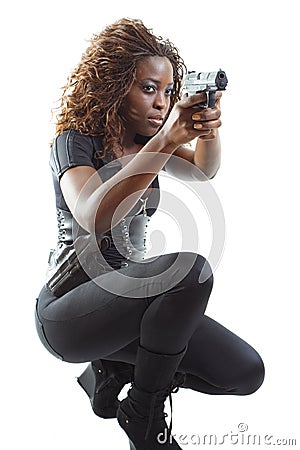 Woman Aiming a Gun Stock Photo