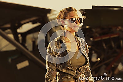 Woman airplane aviator Stock Photo