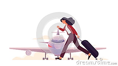 Woman at the airport running with luggage. Tourists with baggage Vector Illustration