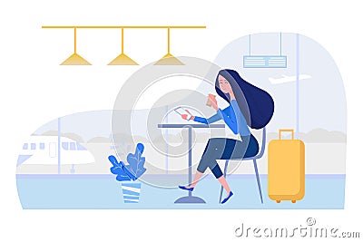 Woman at the airport sitting in cafe with suitcase, mobile phone and coffee. Female vector character illustration in Vector Illustration