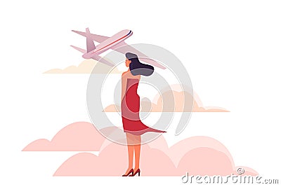 Woman at the airport standing and looking at an airplan. Vector Illustration