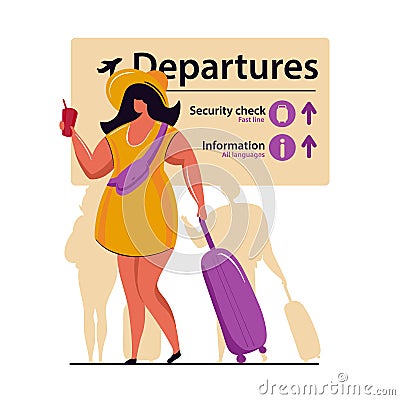 Woman at the airport terminal with a backpack and suitcase. Vector illustration with character people. Vector Illustration