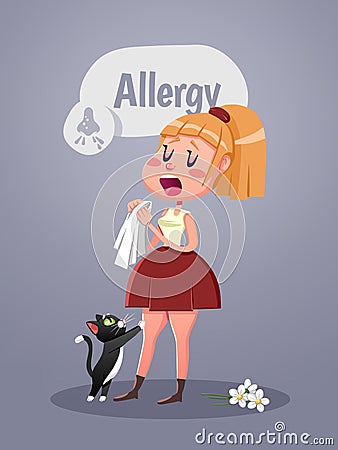 Woman with allergy symptom blowing nose Cartoon Illustration