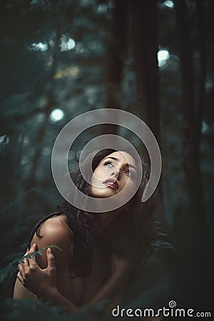 Woman alone in peaceful forest Stock Photo