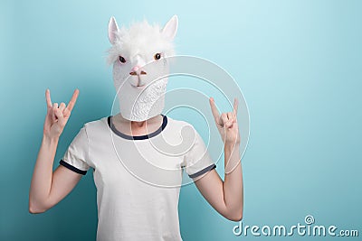 Woman in alpaca mask with hands in rock sign gesture Stock Photo