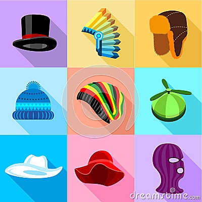 Woman amd man headdress icons set, flat style Vector Illustration