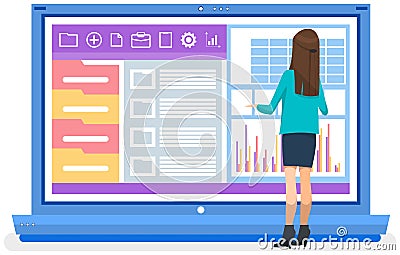 Woman analysing report with statistical indicators. Lady examines results of investment analysis Vector Illustration