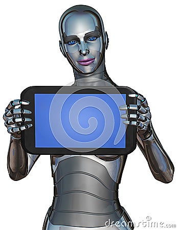 Woman Android Robot Computer Tablet Isolated Cartoon Illustration