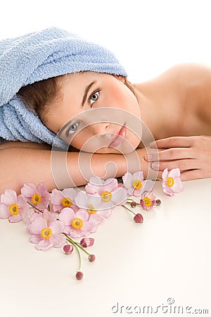 Woman with anemones Stock Photo