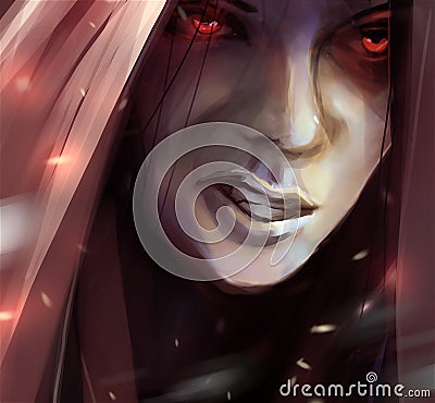 Woman angry face in hood illustration. Stock Photo