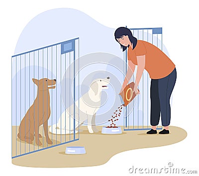 Woman animal shelter feeding homeless hungry dogs at aviary vector flat illustration Vector Illustration