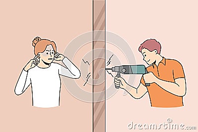 Woman annoyed with loud neighbor drilling Vector Illustration