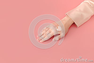 Woman applied heart shaped smear of cream lotion on hand. Self-love body positive concept. Feminine blog and social media Stock Photo