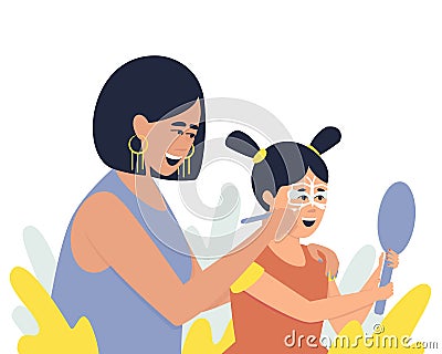 A woman applies face painting to a young girl Vector Illustration