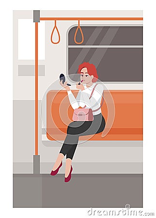 Woman apply lipstick in train semi flat vector illustration Vector Illustration