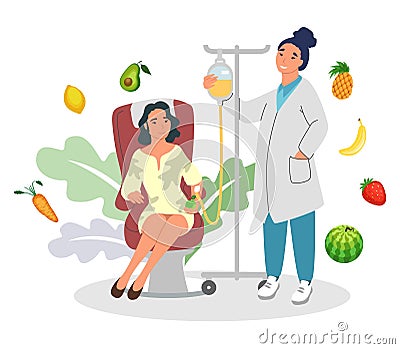 Woman applying intravenous infusion of natural fruits via dropper Vector Illustration