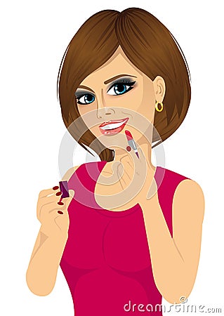 Woman applying pink lipstick on lips Vector Illustration