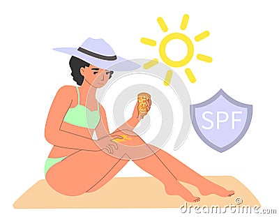 Woman applying sunscreen, flat vector illustration. Sunblock, sun protection cream. Summer beach skin care routine. Vector Illustration