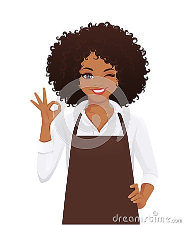 Woman in apron gesturing ok sign Vector Illustration