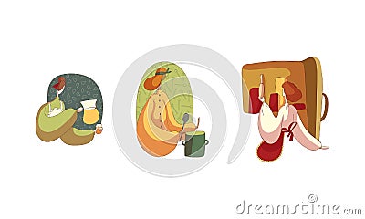 Woman in Apron Pouring Juice in Glass and Making Soup in Pot Vector Set Vector Illustration