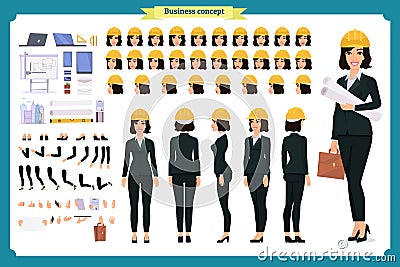 Woman architect in business suit and protective helmet. Vector Illustration